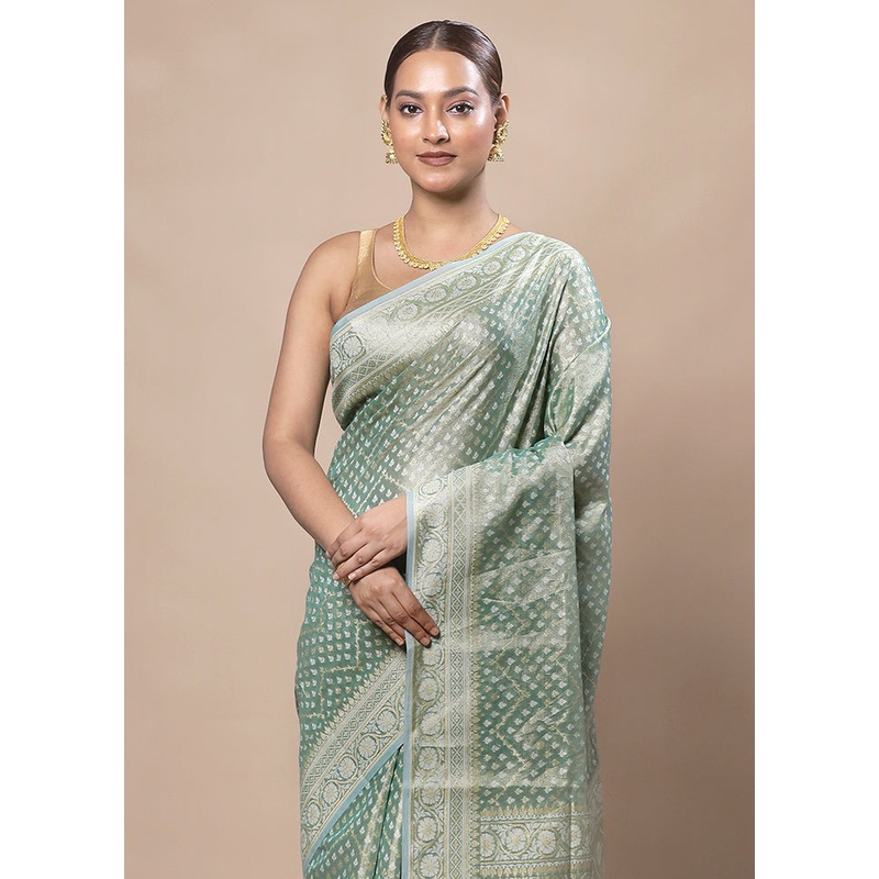 Green Tissue Silk Saree With Blouse Piece - JD986603769