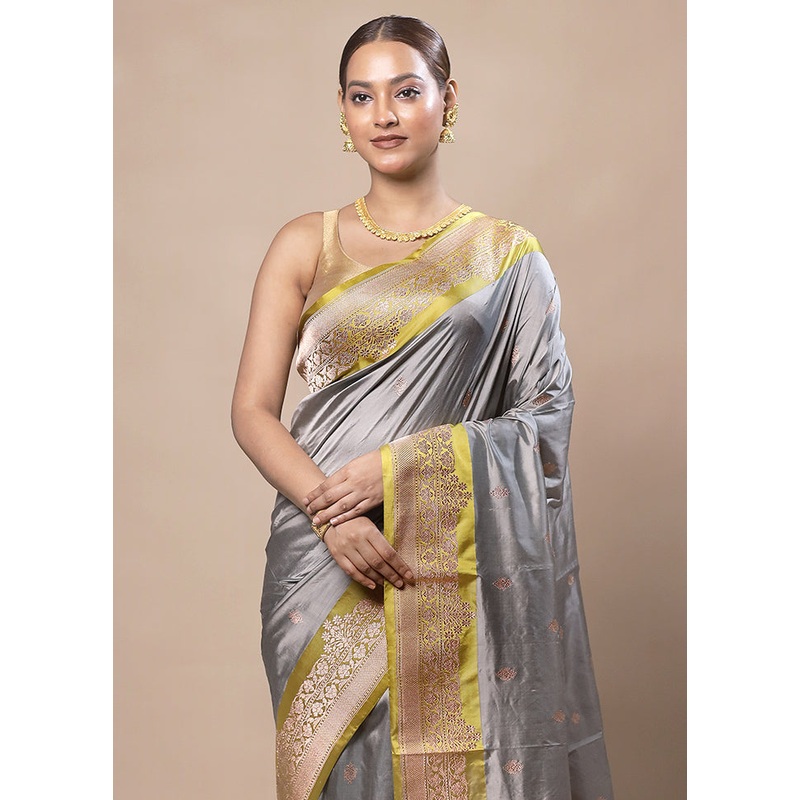 Grey Handloom Katan Pure Silk Saree With Blouse Piece - JD986603765