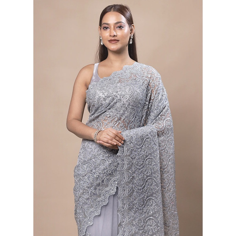 Grey Handloom Tissue Pure Silk Saree With Blouse Piece - JD986603763
