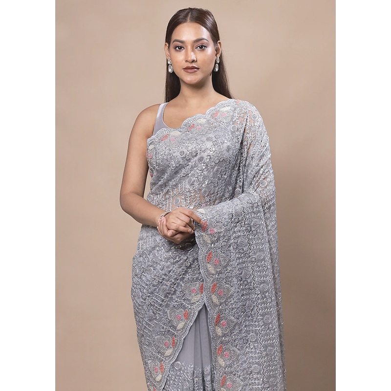 Grey Handloom Tissue Pure Silk Saree With Blouse Piece - JD986603764