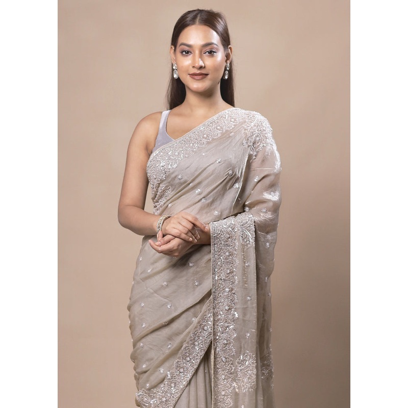 Grey Silk Saree With Blouse Piece - JD986603762
