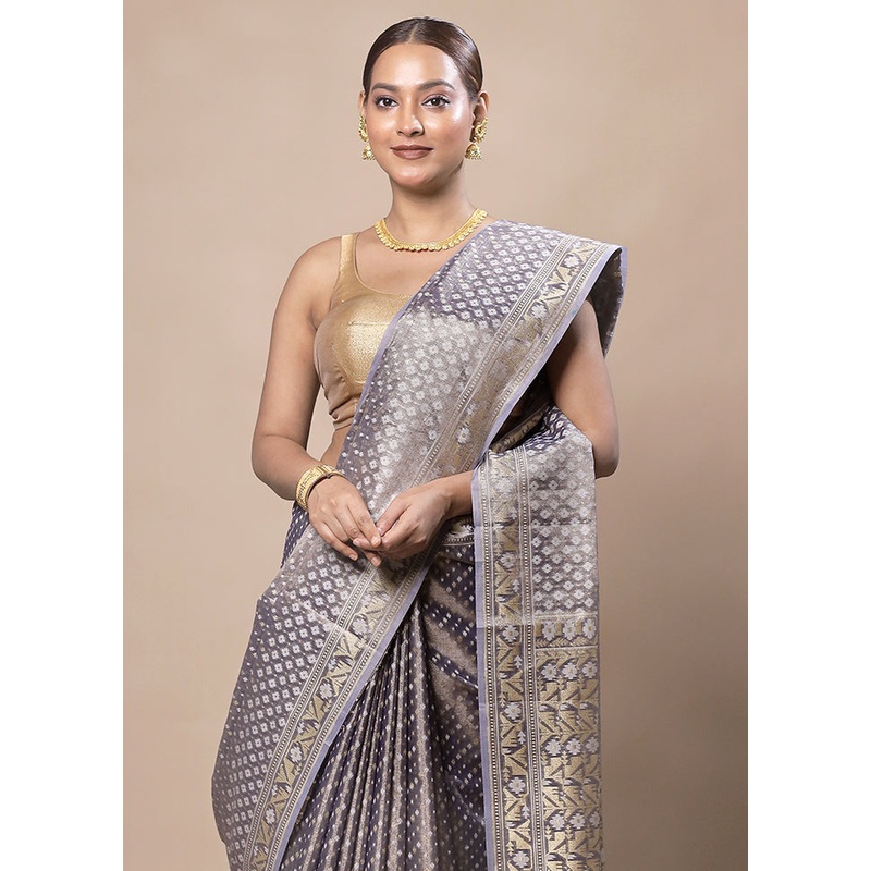 Grey Tissue Silk Saree With Blouse Piece - JD986603759