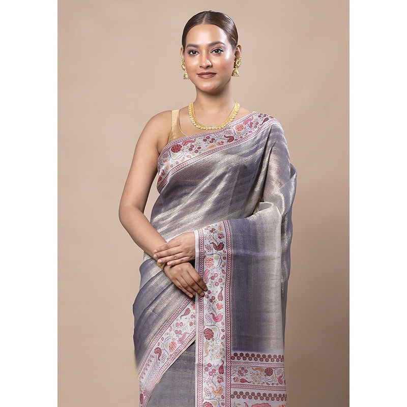 Grey Tissue Silk Saree With Blouse Piece - JD986603760