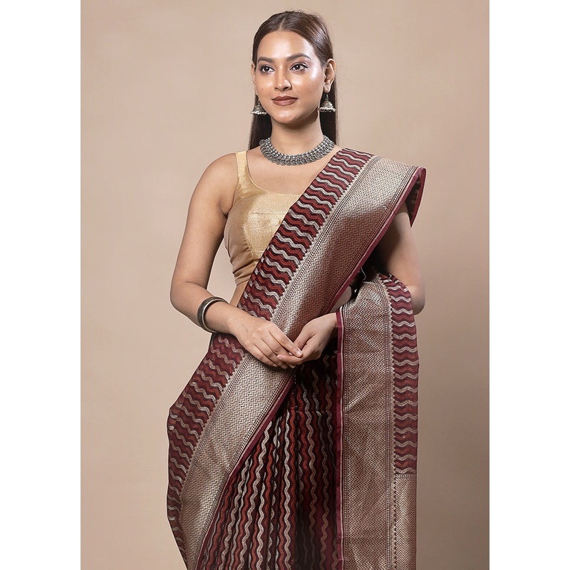 Maroon Kora Silk Saree With Blouse Piece - JD986603756