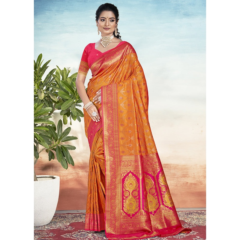 Orange Dupion Silk Saree With Blouse Piece - JD986603877