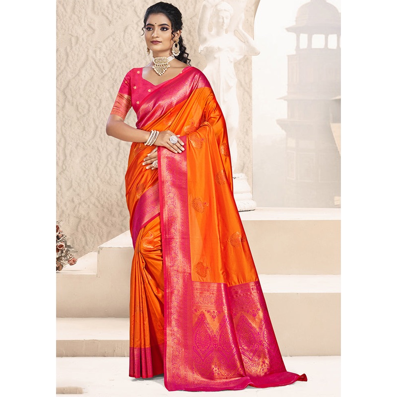 Orange Dupion Silk Saree With Blouse Piece - JD986603878