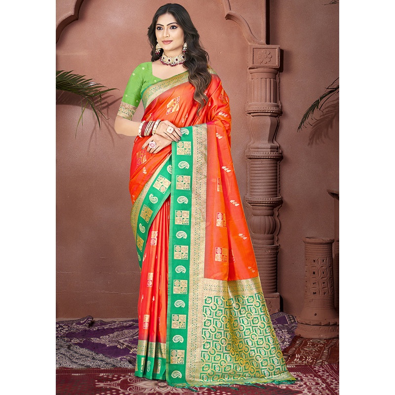 Orange Dupion Silk Saree With Blouse Piece - JD986603880