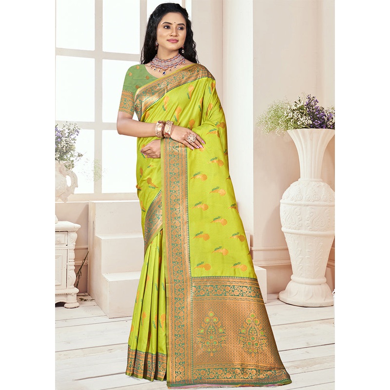Parrot Green Dupion Silk Saree With Blouse Piece - JD986603875