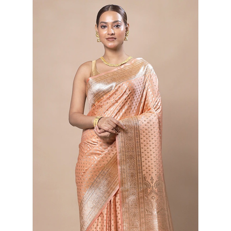 Peach Banarasi Silk Saree With Blouse Piece - JD986603752