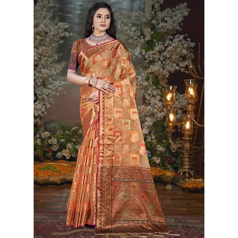 Peach Chanderi Silk Saree With Blouse Piece - JD986603874