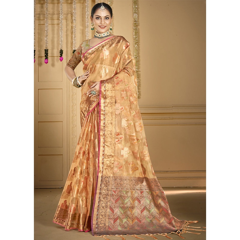 Peach Organza Saree With Blouse Piece - JD986603872