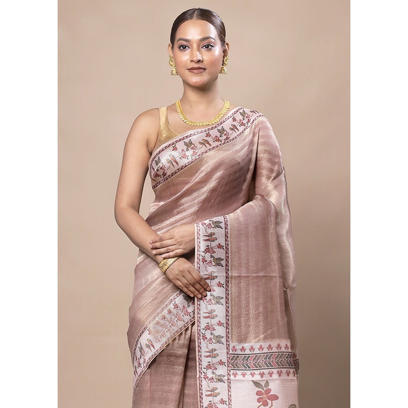 Peach Tissue Silk Saree With Blouse Piece - JD986603748
