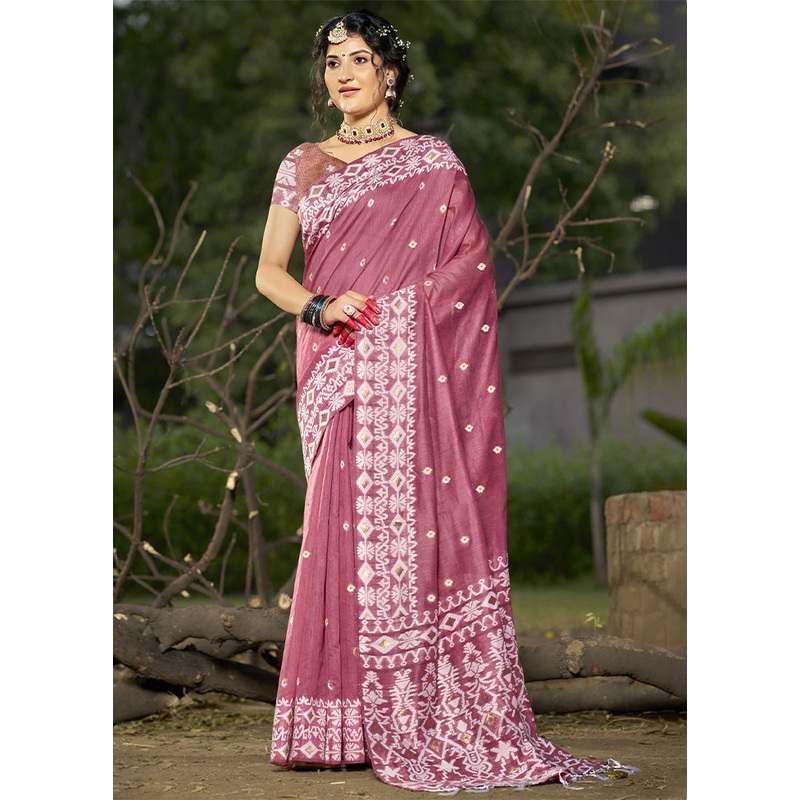 Pink Cotton Saree With Blouse Piece - JD986603868