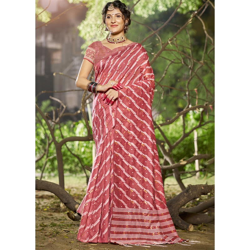 Pink Cotton Saree With Blouse Piece - JD986603869