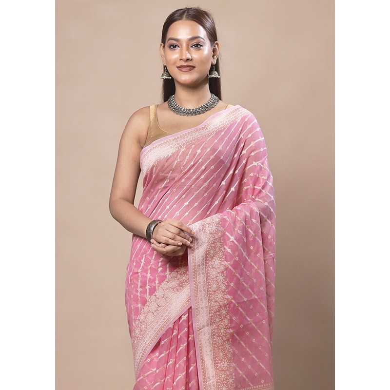 Pink Kora Silk Saree With Blouse Piece - JD986603741
