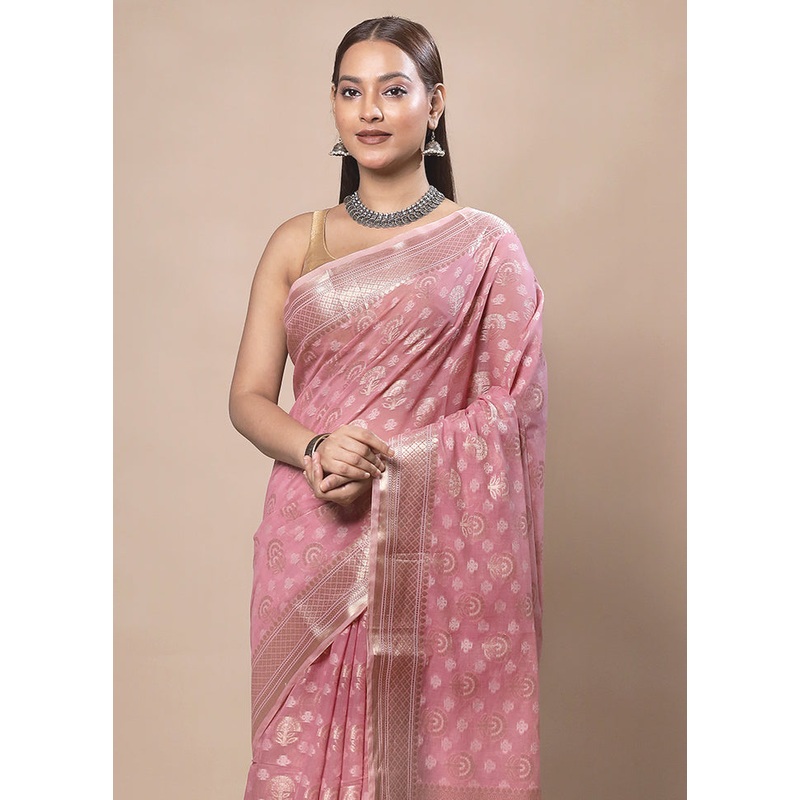 Pink Kora Silk Saree With Blouse Piece - JD986603742