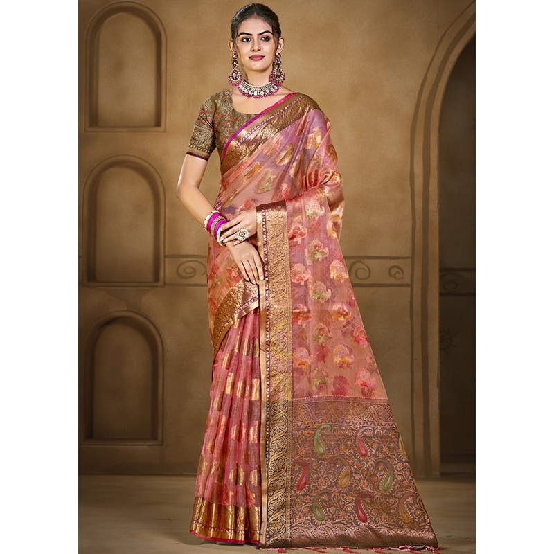 Pink Organza Saree With Blouse Piece - JD986603864