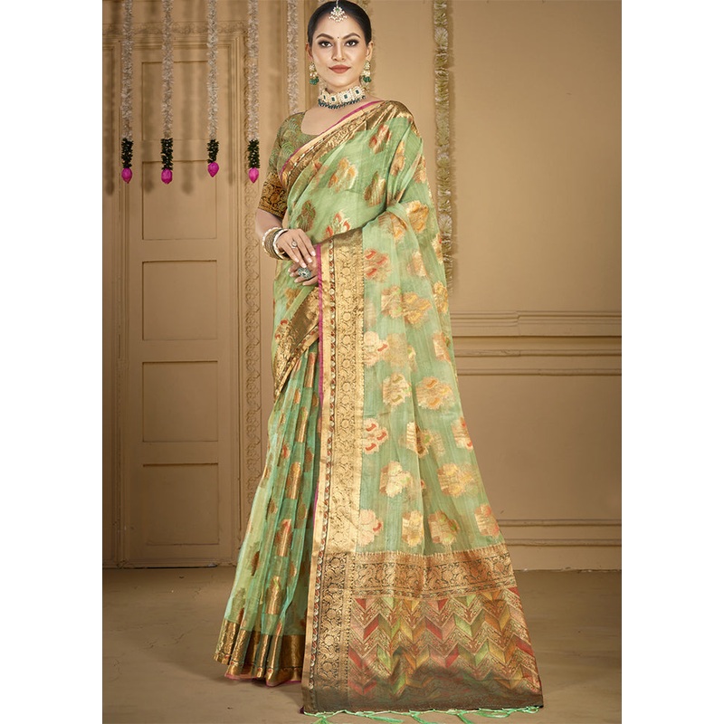 Pista Green Organza Saree With Blouse Piece - JD986603863
