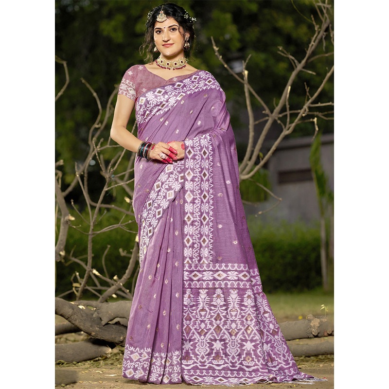 Purple Cotton Saree With Blouse Piece - JD986603859