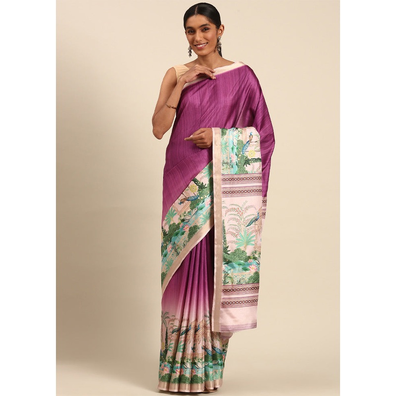 Purple Cotton Saree With Blouse Piece - JD986603861