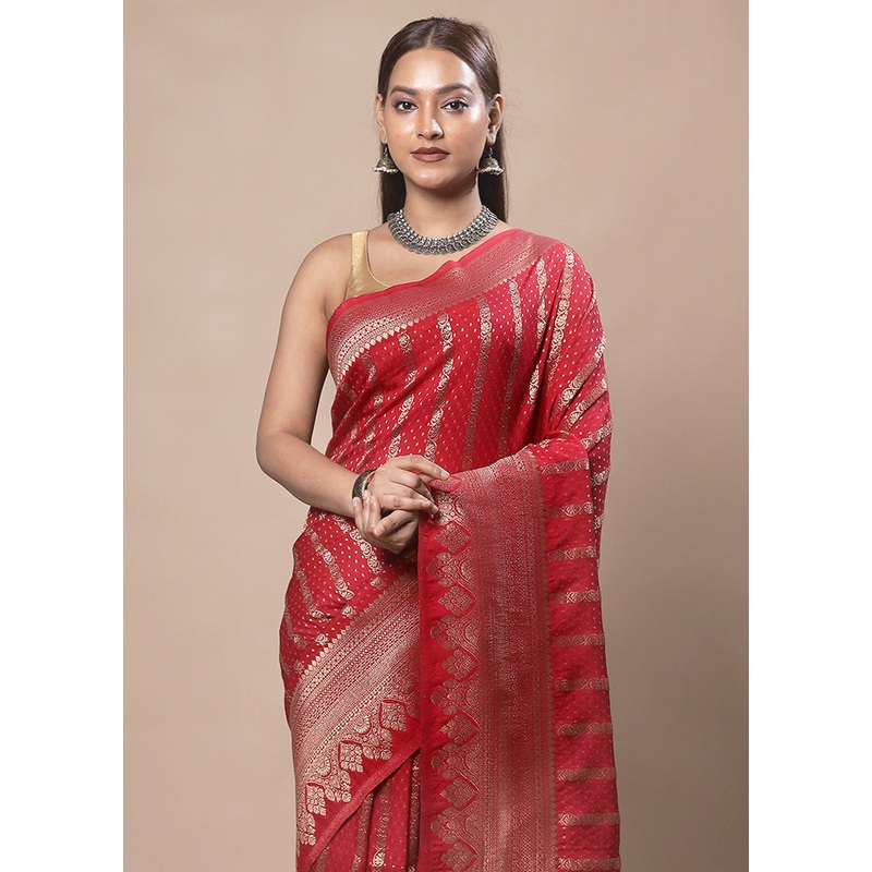 Red Dupion Silk Saree With Blouse Piece - JD986603734