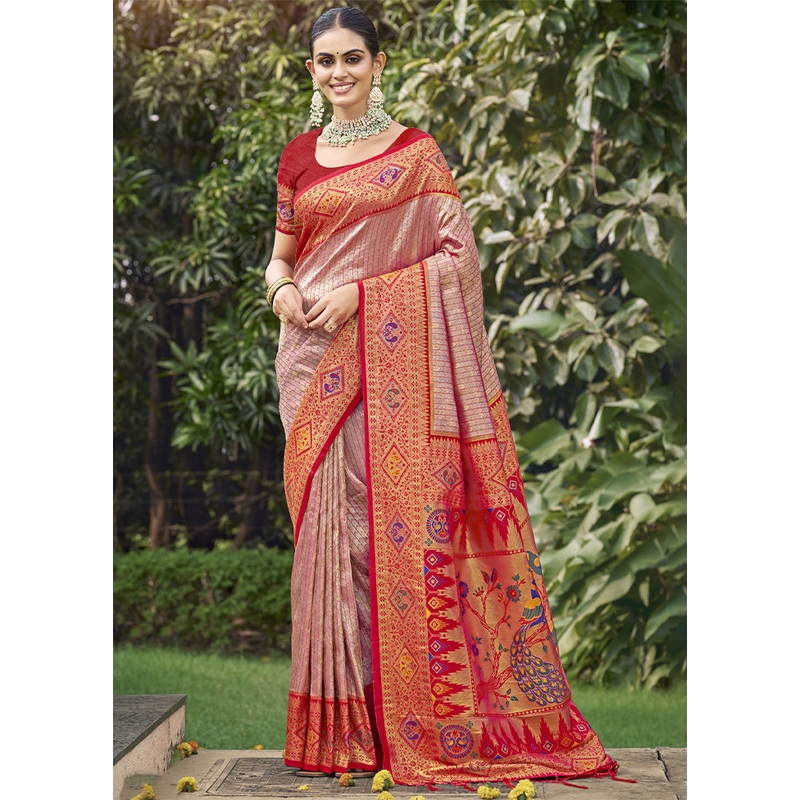 Red Dupion Silk Saree With Blouse Piece - JD986603848