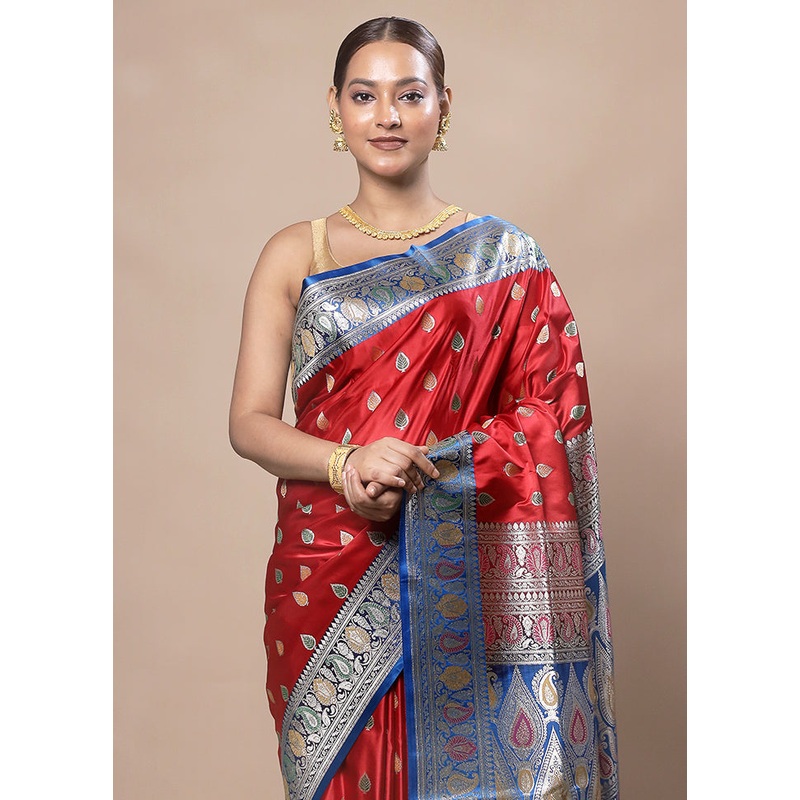 Red Handloom Banarasi Pure Silk Saree With Blouse Piece - JD986603732