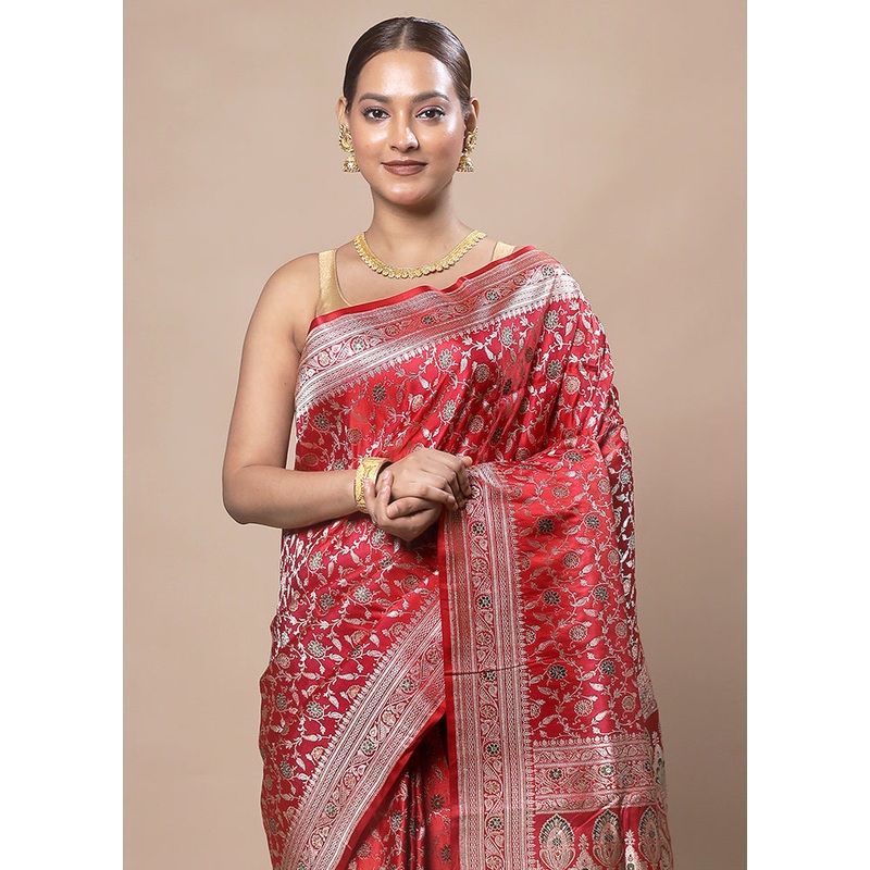 Red Handloom Banarasi Pure Silk Saree With Blouse Piece - JD986603733