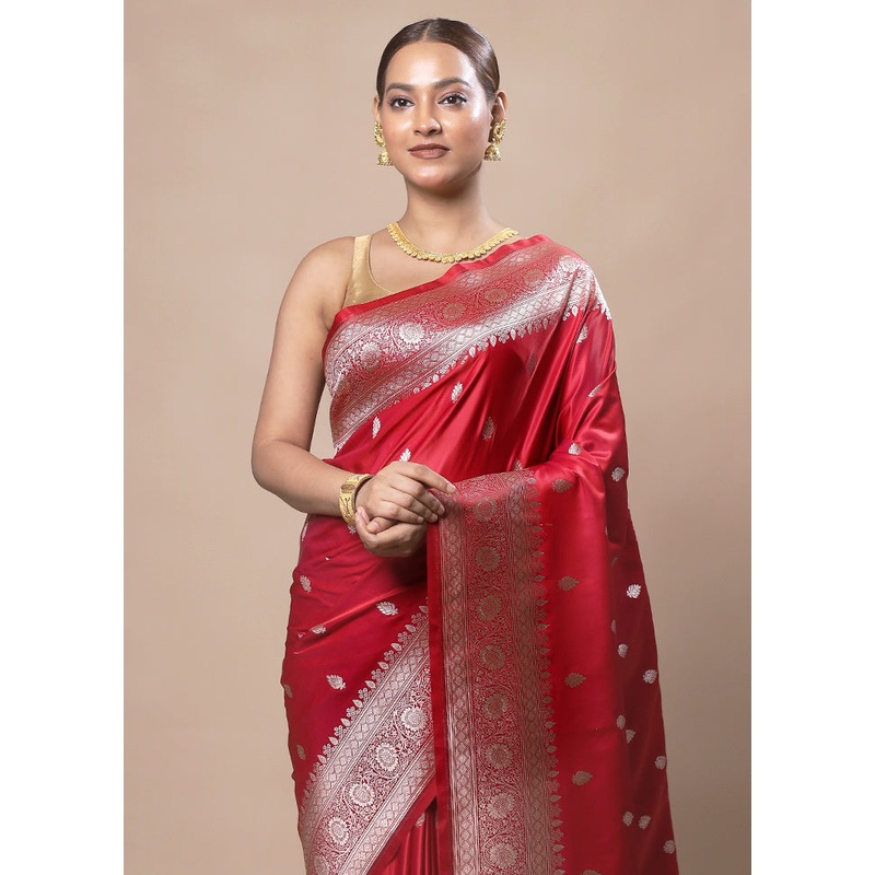 Red Katan Silk Saree With Blouse Piece - JD986603730