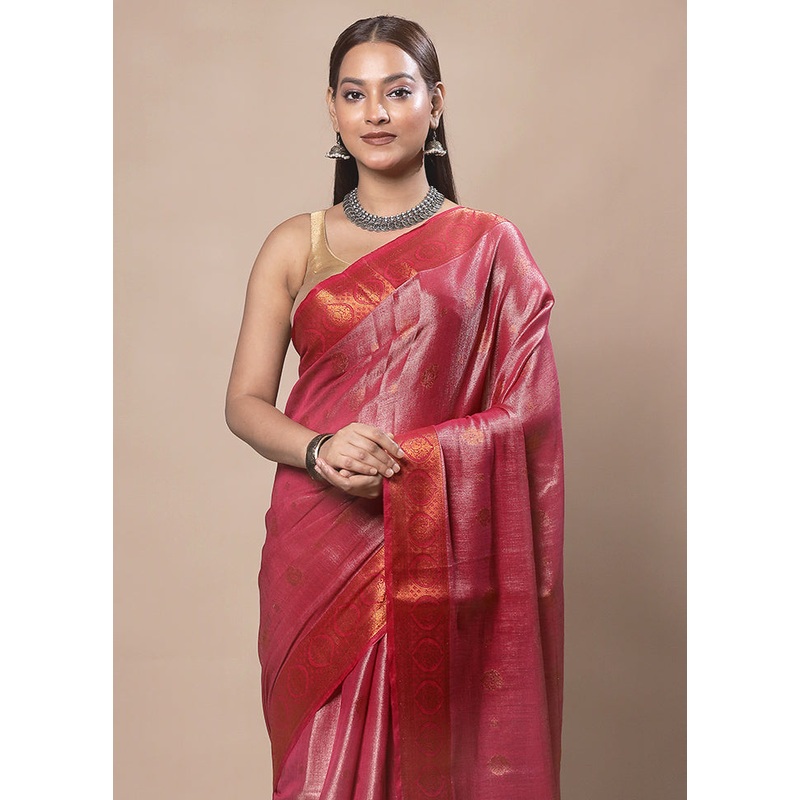 Red Tissue Silk Saree With Blouse Piece - JD986603728