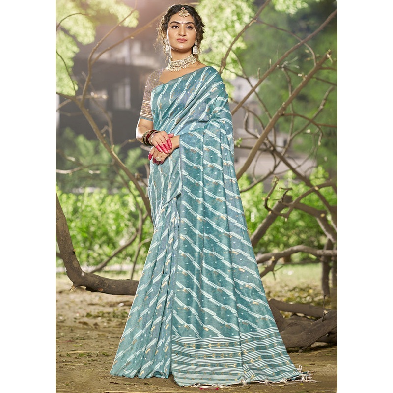 Sky Blue Cotton Saree With Blouse Piece - JD986603844