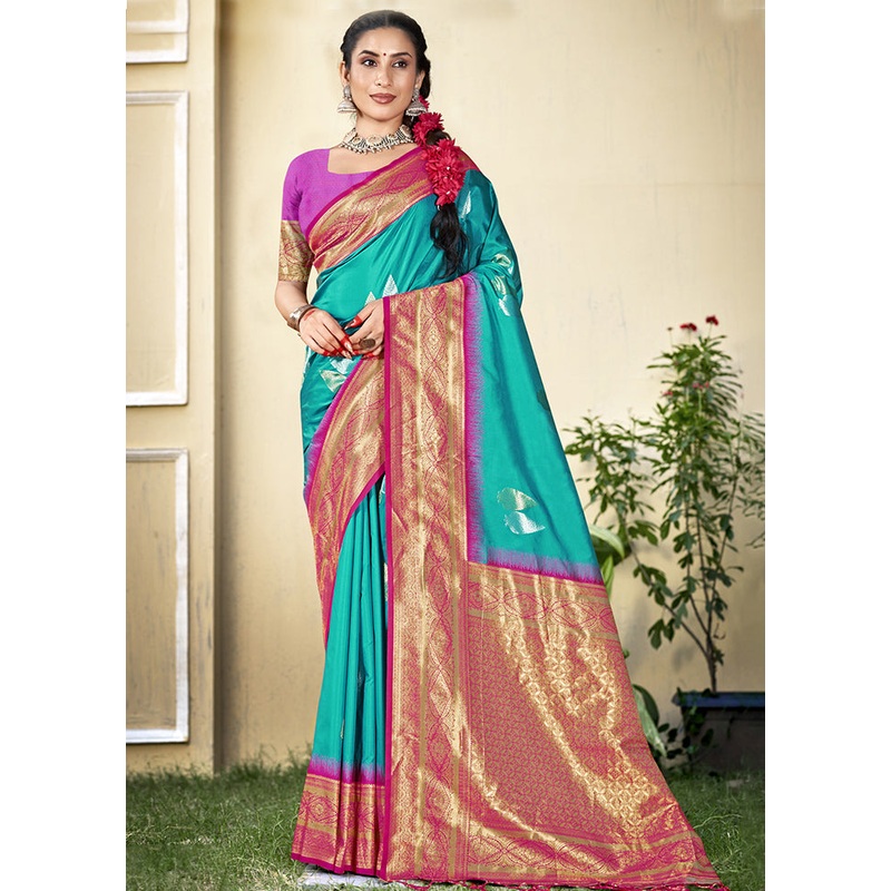 Sky Blue Dupion Silk Saree With Blouse Piece - JD986603839