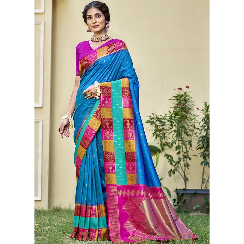 Sky Blue Dupion Silk Saree With Blouse Piece - JD986603841