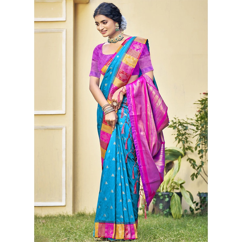 Sky Blue Dupion Silk Saree With Blouse Piece - JD986603842