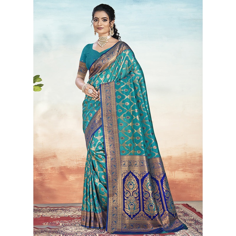 Sky Blue Dupion Silk Saree With Blouse Piece - JD986603843