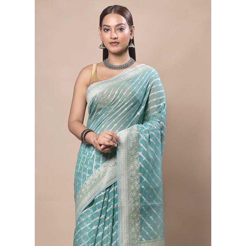 Sky Blue Kora Silk Saree With Blouse Piece - JD986603726