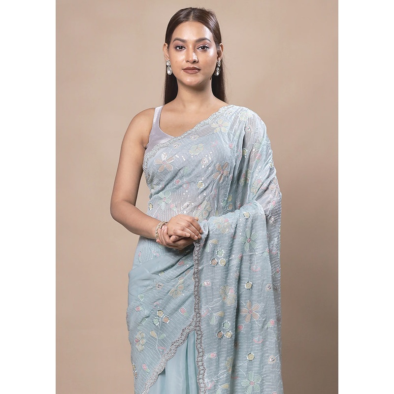 Sky Blue Silk Saree With Blouse Piece - JD986603727