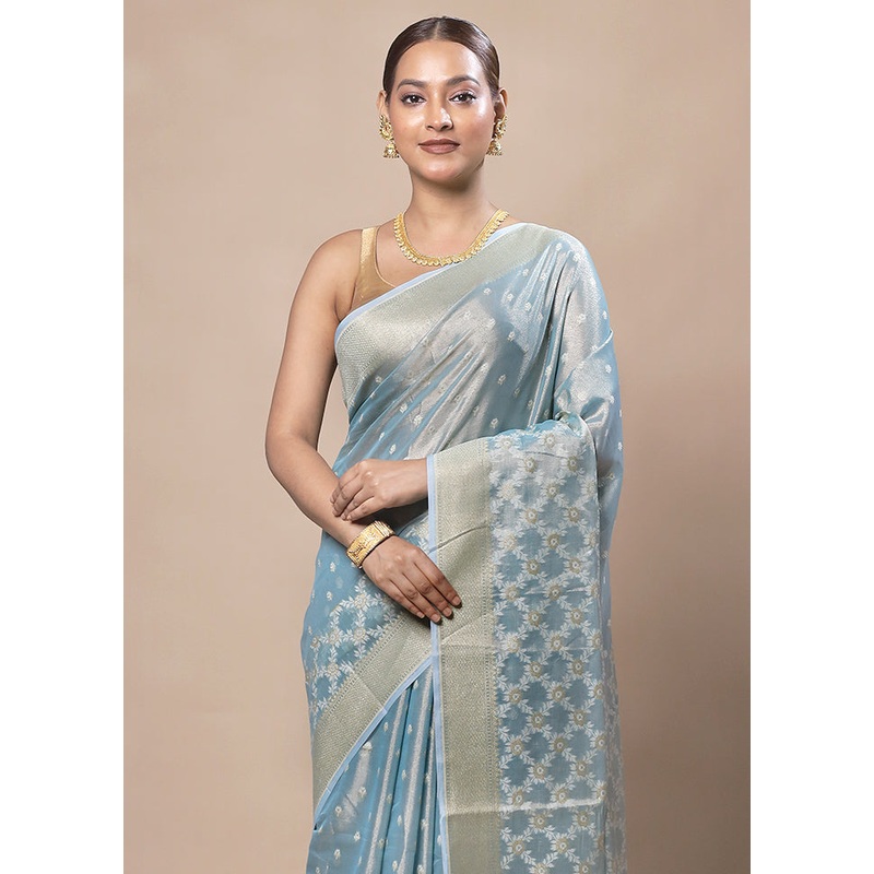 Sky Blue Tissue Silk Saree With Blouse Piece - JD986603725