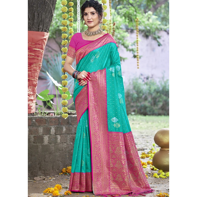 Teal Blue Dupion Silk Saree With Blouse Piece - JD986603837