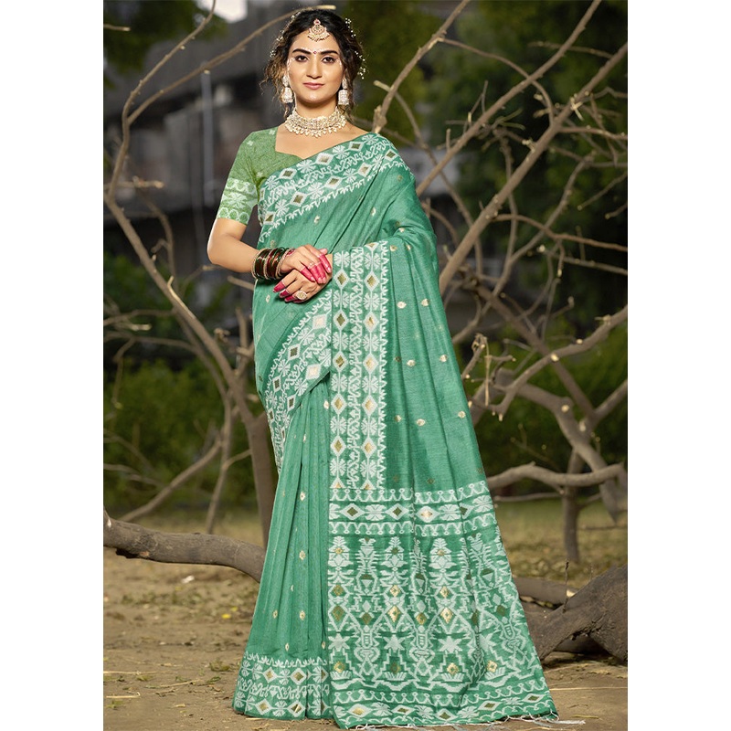 Teal Green Cotton Saree With Blouse Piece - JD986603834
