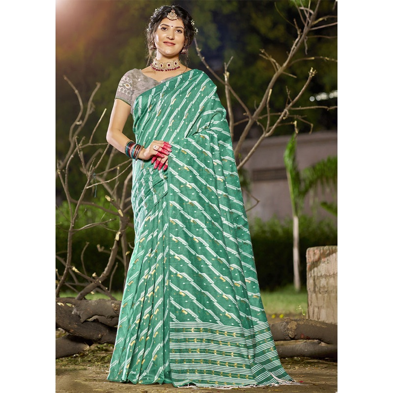 Teal Green Cotton Saree With Blouse Piece - JD986603835