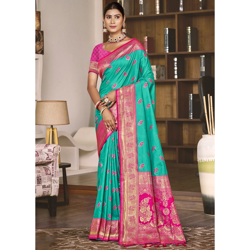 Teal Green Dupion Silk Saree With Blouse Piece - JD986603830