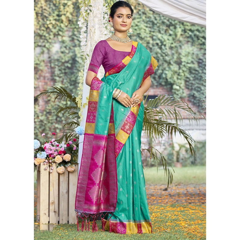 Teal Green Dupion Silk Saree With Blouse Piece - JD986603831