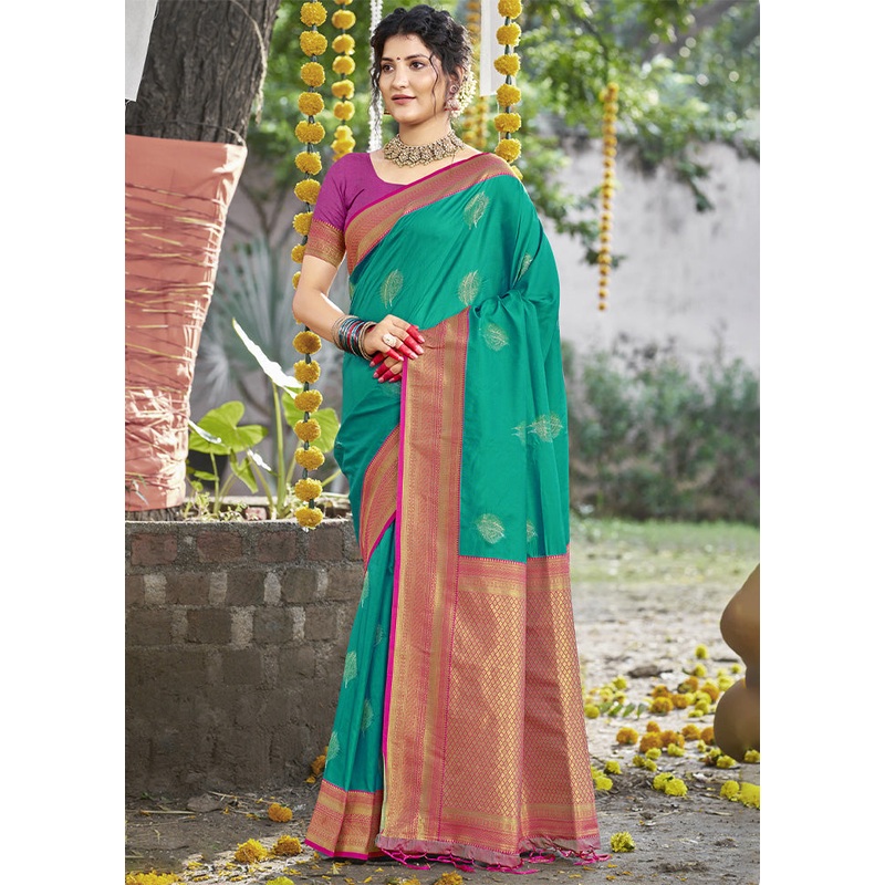 Teal Green Dupion Silk Saree With Blouse Piece - JD986603832