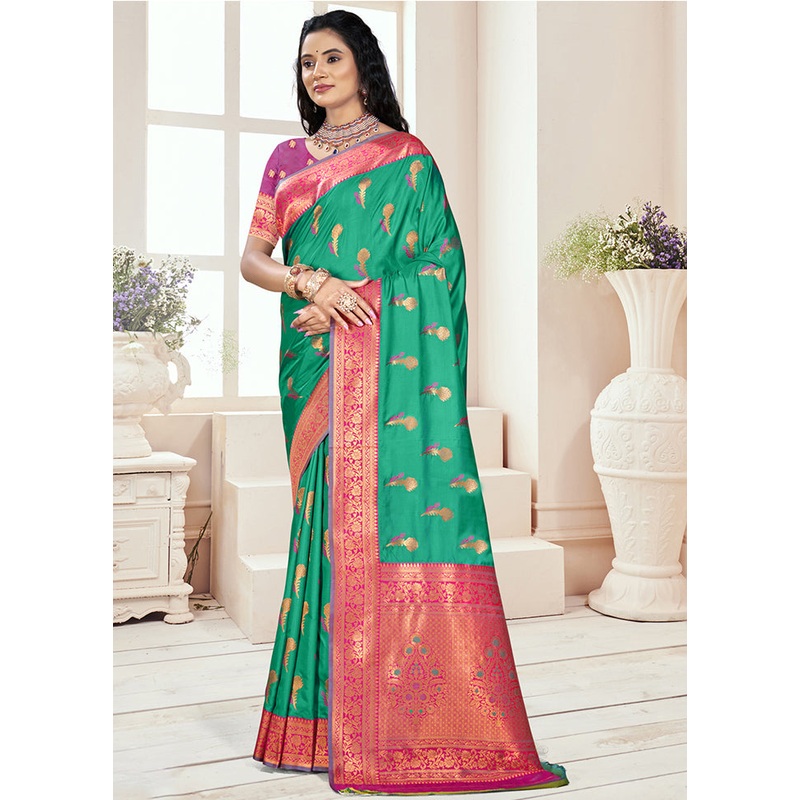 Teal Green Dupion Silk Saree With Blouse Piece - JD986603833