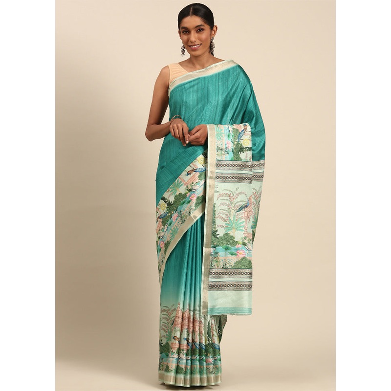 Turquoise Cotton Saree With Blouse Piece - JD986603829