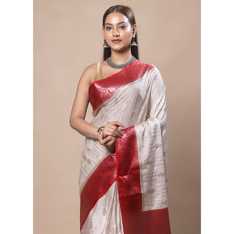 White Kora Silk Saree With Blouse Piece - JD986603720