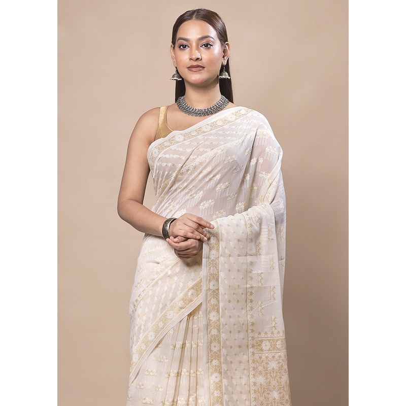 White Kora Silk Saree With Blouse Piece - JD986603721