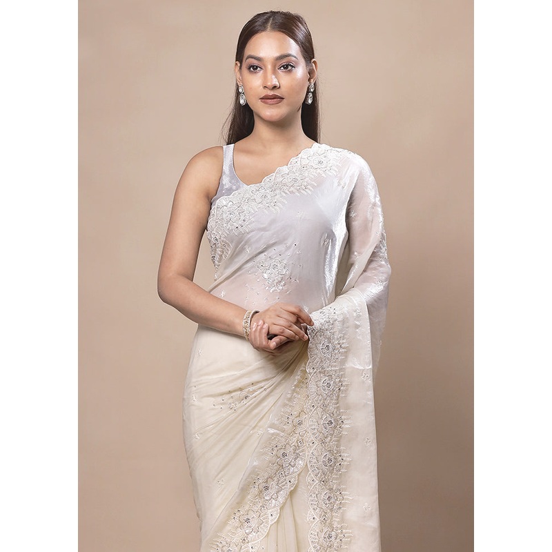 White Pure Handloom Silk Saree With Blouse Piece - JD986603723