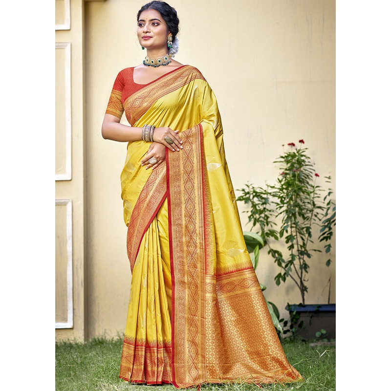 Yellow Dupion Silk Saree With Blouse Piece - JD986603818